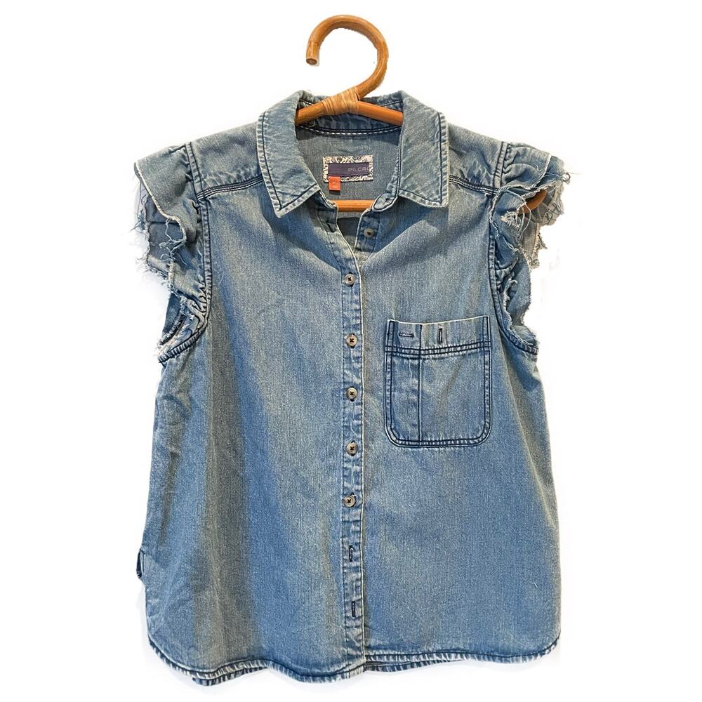 Pilcro Anthropologie Ruffle Buttondown Denim Raw Hem Ruffle Top Blouse S P $108 - Picture 2 of 8